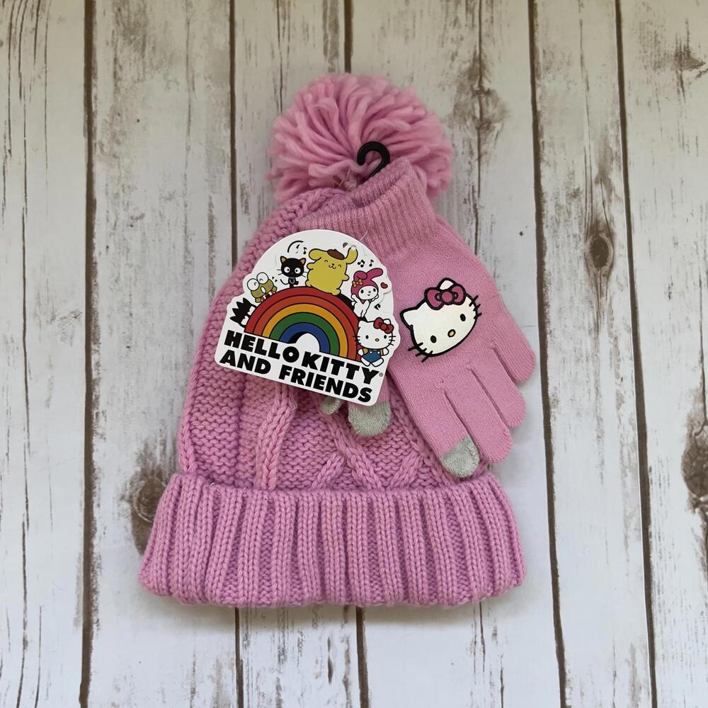 Sanrio Hello Kitty and Friends Beanie and Texting Gloves Pink Kids Set NEW